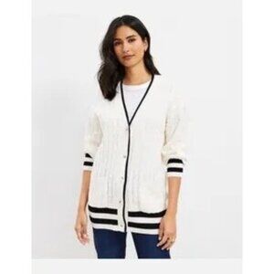 Loft Academic Preppy Varsity White Cable Knit Cardigan Sweater M Cotton Cream Bl